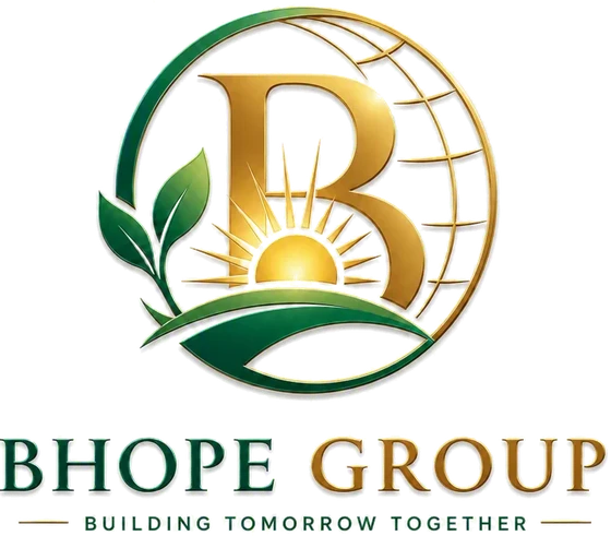 The Bhope Group logo: a gold letter B with a rising sun, inside a globe, with green leaves and a green horizon, above the words Bhope Group, Building tomorrow together.